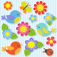Set of flowers and birds