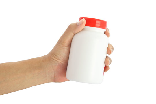 Hand give piece of red label medical bottle on white background.