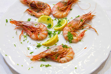 Shrimps with lemon slices and parsley on white plate
