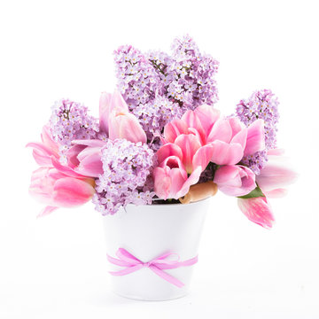 Bouquet from tulips and lilac