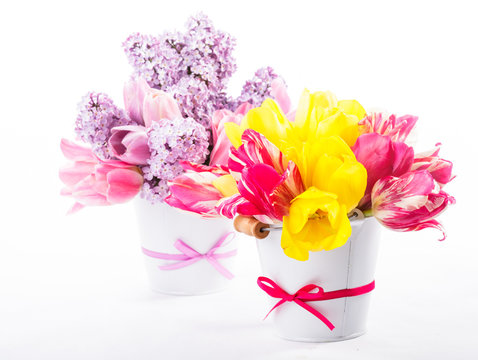 Bouquets from tulips and lilac