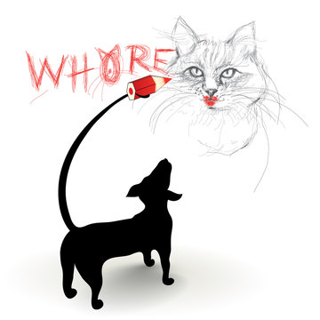 Dog hates Cat / Dachshund drawing and writing