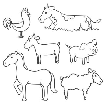 Hand drawn farm animals, vector illustration