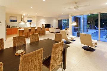 Modern kitchen, dining and living room