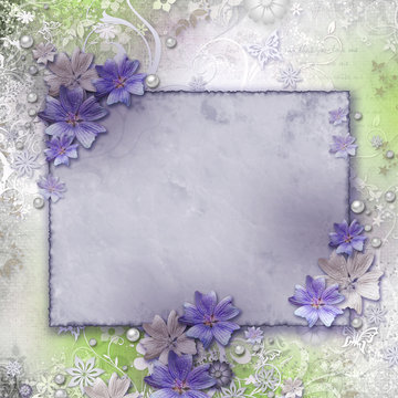Spring background with greeting card and flowers