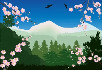 Papier Peint photo Lavable Oiseaux, abeilles fleurs de cerisier et paysage de montagne