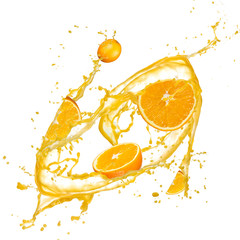 Oranges in juice splash, isolated on white background