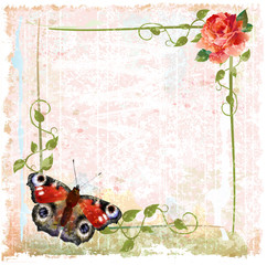 vintage background with red roses, ivy and butterfly