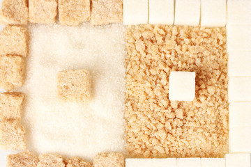Pattern of white sugar and brown sugar close-up