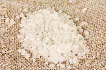 Sea salt on sacking close-up