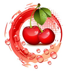 Ripe cherry with leafs and drops