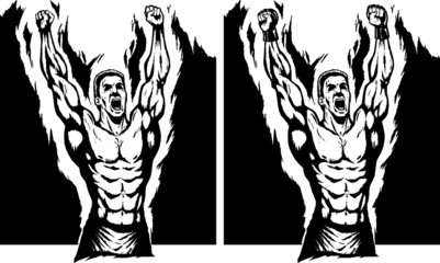 Drawing of a proud champion, one with fighting gloves.