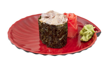 spice sushi with sauced slices of smoked Eel, chicken and caviar