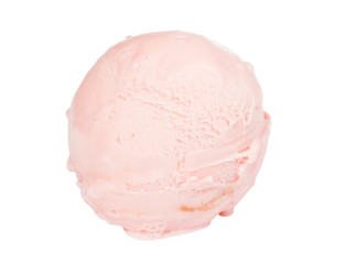 Scoop of strawberry ice cream from top on white background