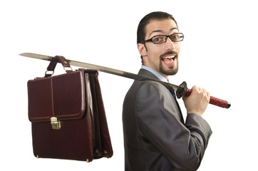 Businessman with sword on white