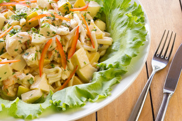 Fresh Vegetable salad with potato, pasta and shrimps