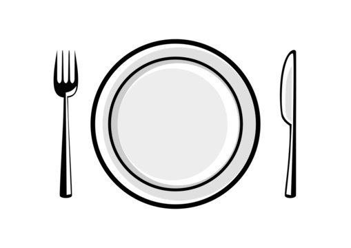 Plate and cutlery on white background