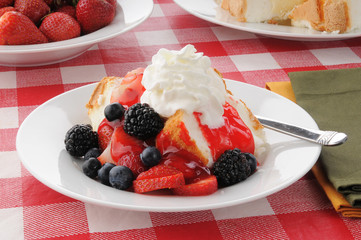 Gourmet dessert with strawberries and angle food cake