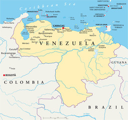 Venezuela political map with capital Caracas, with national borders, most important cities, rivers and lakes. Illustration with English labeling and scaling. Vector.