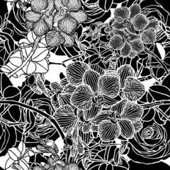Crédence de cuisine en verre imprimé Fleurs noir et blanc Motif floral sans soudure