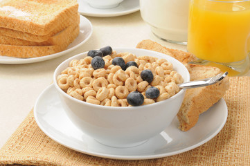 Breakfast cereal with blueberries and toast