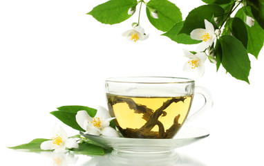 cup of green tea with jasmine flowers isolated on white