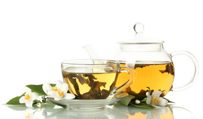 green tea with jasmine in cup and teapot isolated on white