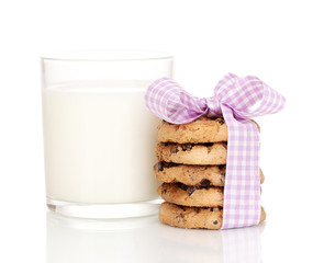 Glass of milk and cookies isolated on white