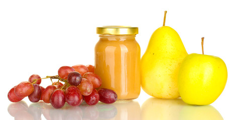 Jar with fruit baby food and fruits isolated on white
