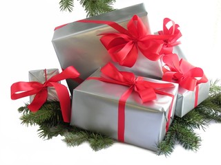 christmas gifts with red ribbon
