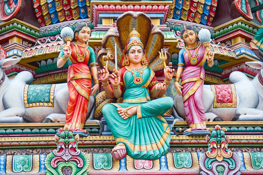 Colorful statues on Hindu temple in Singapore