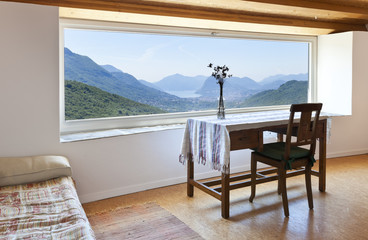 picture window, rural home interior