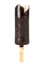 bitten ice cream with chocolate on a stick