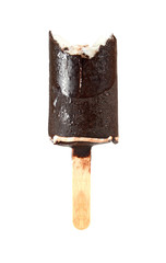 bitten ice cream with chocolate on a stick
