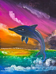 dolphin jump on ocean poster color