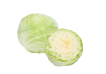 The head of green cabbage is whole and half