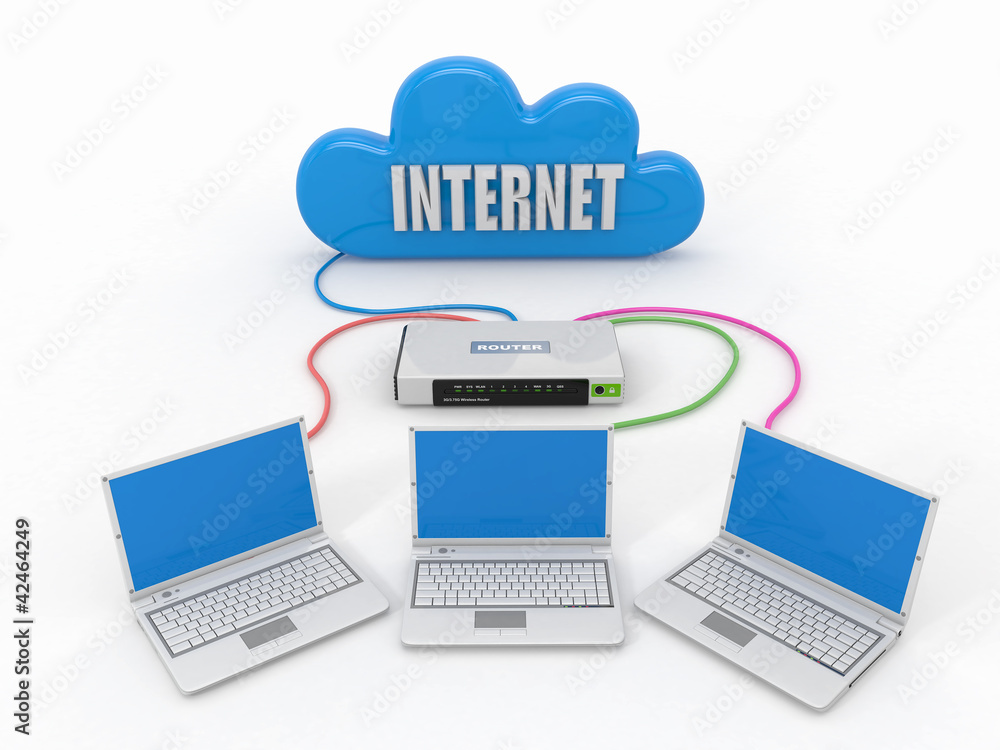 Poster home network. router and three laptops