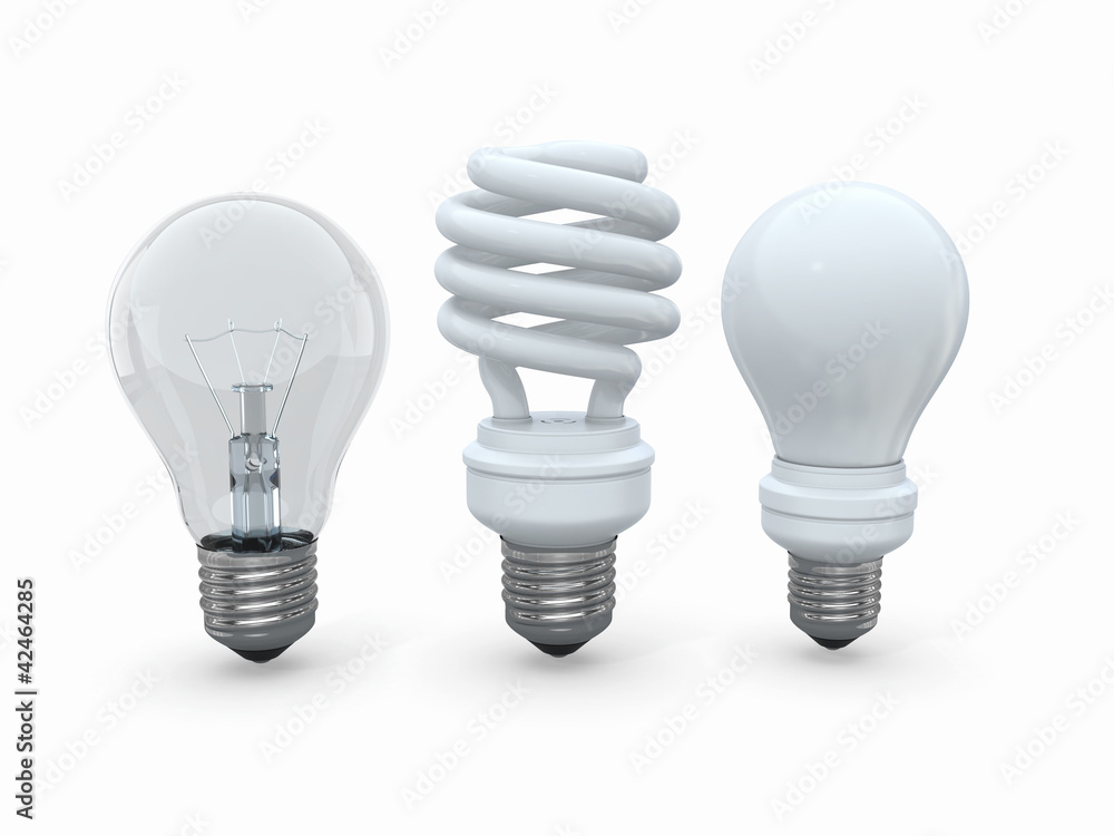 Poster three types of lamp bulbs on white background