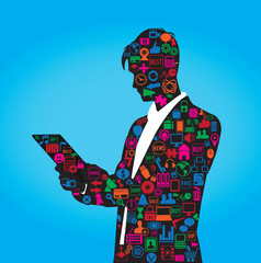 the silhouette of businessman with set of social media symbols