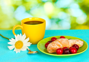 Croissant with cherries and coffee