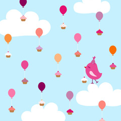 Pink Bird On Cloud Flying Ballons With Cupcakes Blue