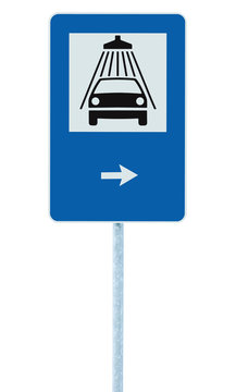 Car wash road sign post pole, traffic roadsign, arrow