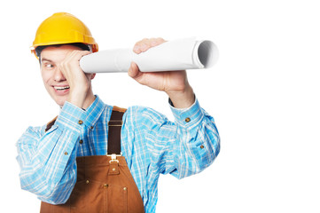 Happy worker in hardhat and overall with drafts