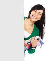 College girl with a blank isolated on white background