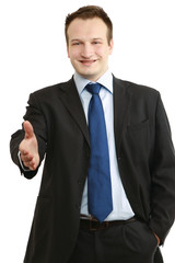 A businessman giving a hand, focus on his hand