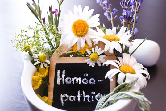 M&ouml;rser mit Arzneipflanzen und Hom&ouml;opathieschild