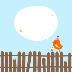 Orange Bird With Cupcake On Fence Speech Bubble Blue
