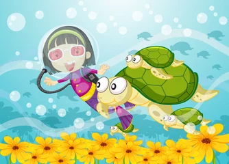 Washable wall murals Submarine tortoise and girl in water