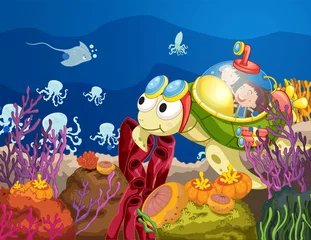 Fotobehang Onderwaterwereld schildpad die kinderen draagt