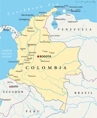 Poster Politieke kaart van Colombia met hoofdstad Bogota, nationale grenzen, belangrijkste steden, rivieren en meren. Illustratie met Engelse etikettering en schaalverdeling. Vector. © Peter Hermes Furian
